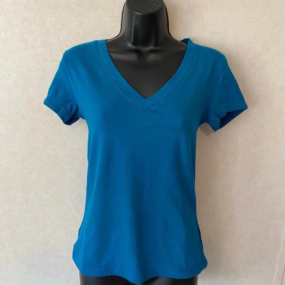 Zenana Women's V-Neck Short Sleeve Tee Cotton Basic Top T-shirt, BLUE SMALL